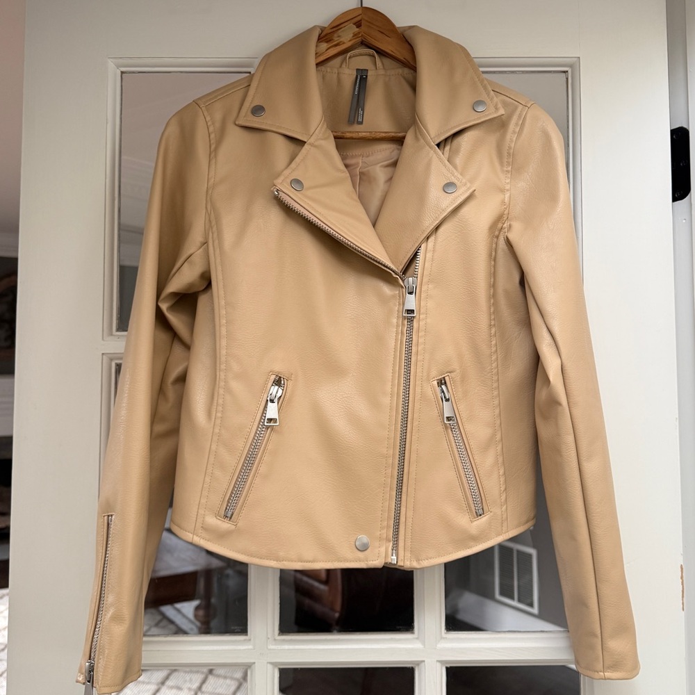 Anthropologie light beige faux leather cropped jacket